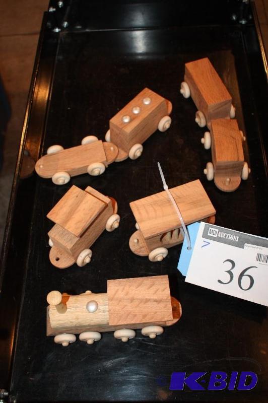 lot 36 image: Lot of (7) items for a wooden toy train set i...