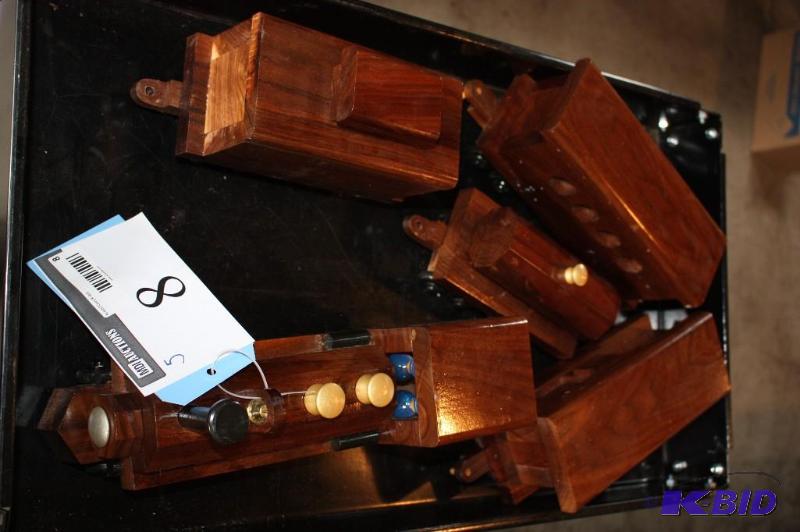 lot 8 image: Lot of (5) Items in a wooden train toy set in...