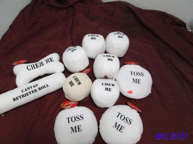 Qty 6 Canvas ball it say chew me, 3-Toss me, ...