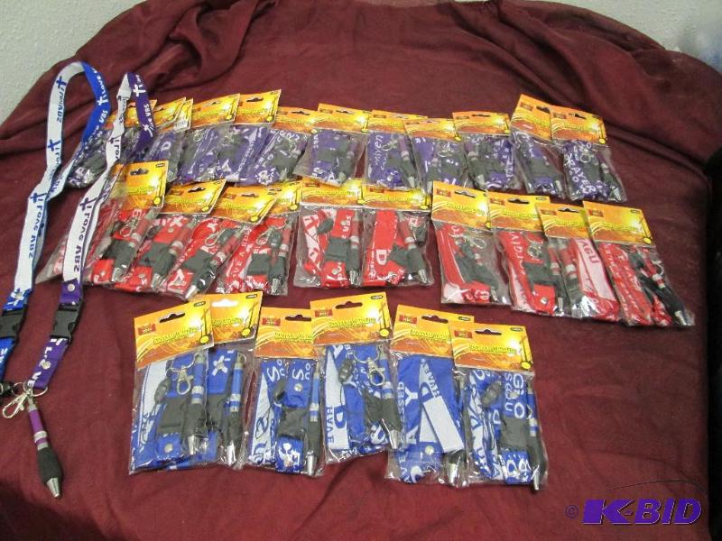 Qty 30 Lanyard with pen, red, blue, and purpl...