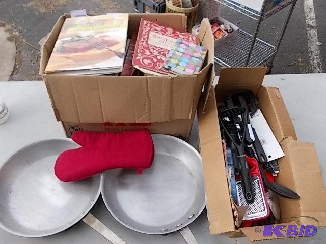 Box Lot Of Cookbooks, 2 Fry Pans, Lot Of Kitc...