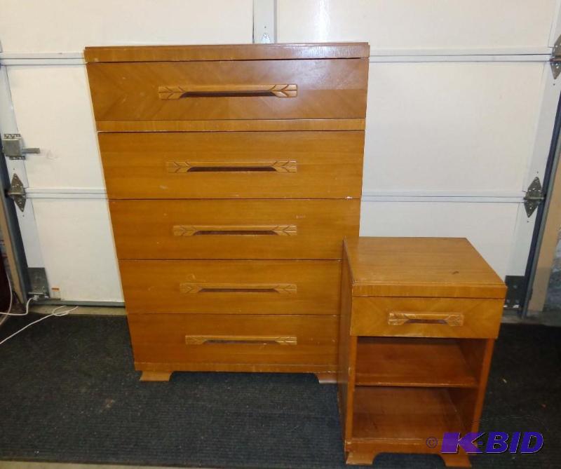 lot 20017 image: Classic Tekwood Danish Modern High Boy Dresser and Nightstand by Kroehler