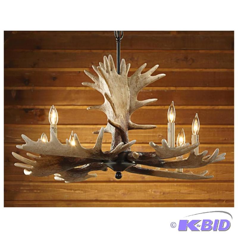 lot 17 image: 6 Light Moose Antler Chandelier, crafted of r...