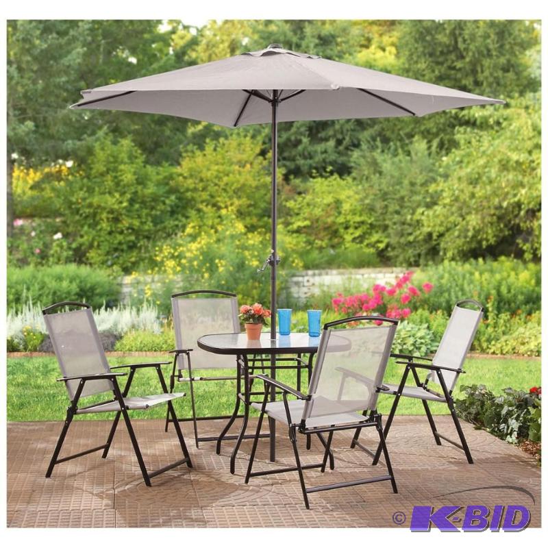 lot 44 image: 6 Pc Complete Patio Set, 4 folding chairs, po...