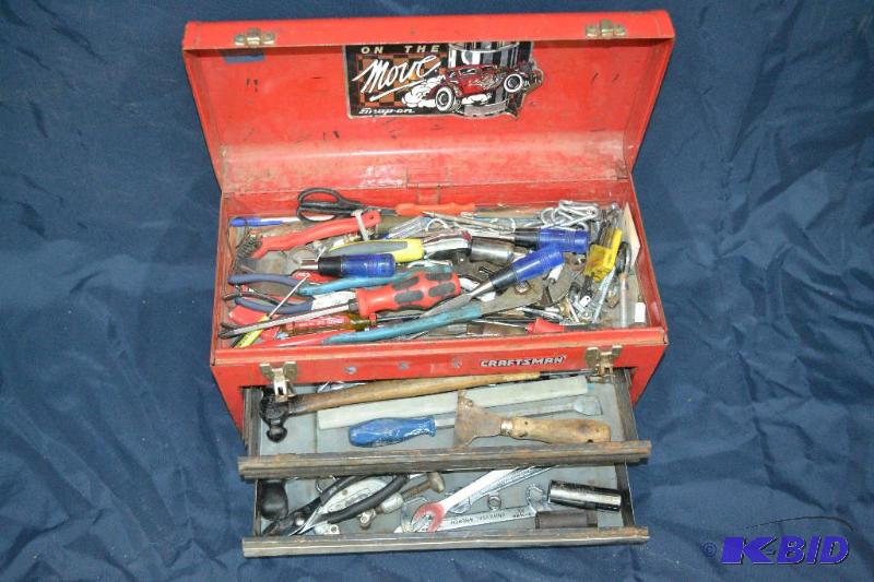 lot 11 image: 2 DRAWER CRAFTSMAN TOOL BOX WITH TOOLS...