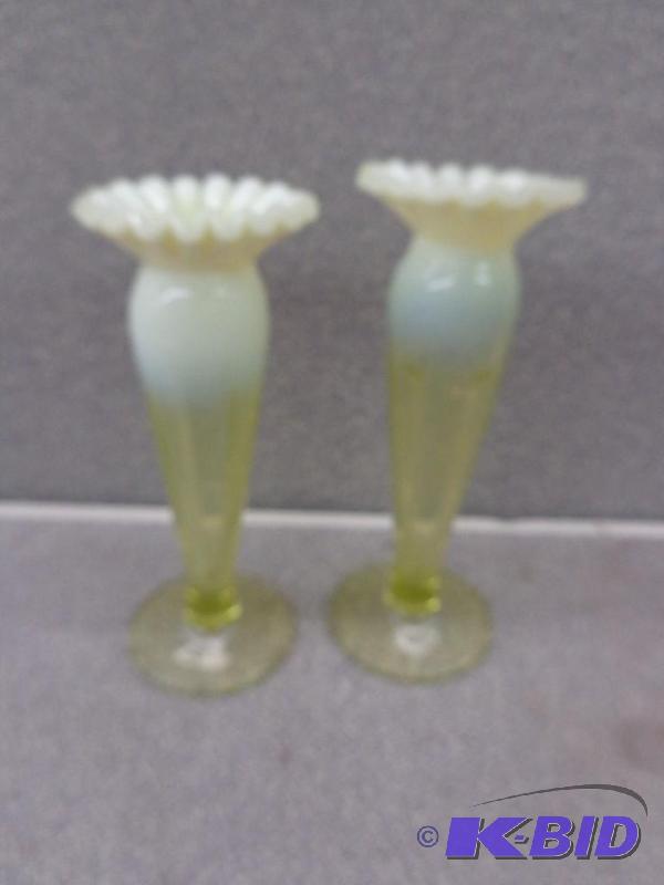 lot 32 image: Two Crimped Faded Glass Flower Vases Fades Wh...