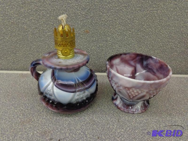 lot 42 image: Purple Slag No 9 Kerosene Lamp 4" Diamet...