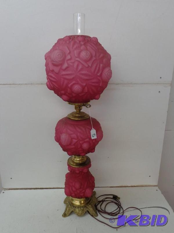 lot 5 image: Antique Victorian Lamp Ruby Red Satin Puffy R...