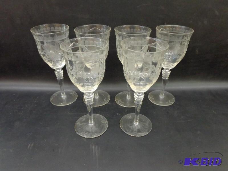 lot 67 image: 6 Wine Glasses Floral and Leaf Design  3...