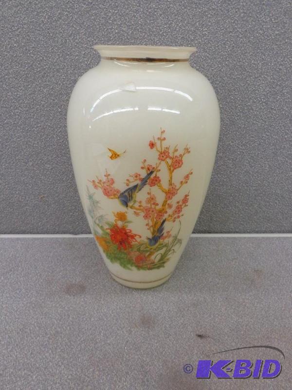 lot 73 image: Flower Vase White Glass wFloralBird Scene D...