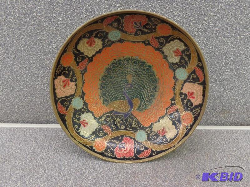 lot 78 image: Brass Bowl wPeacock Design & Filigree Pa...