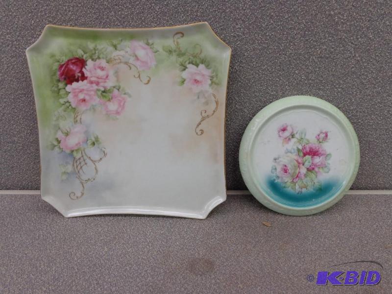 lot 90 image: 2 Glass Plates Both Plates have Rose Designs ...