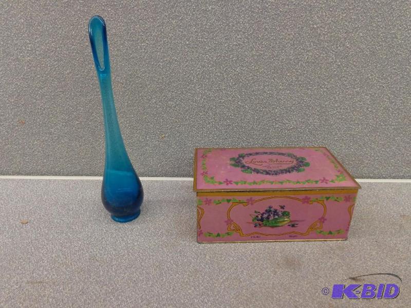 lot 98 image: Vase and Old Candy Box Blue Flower Vase for s...