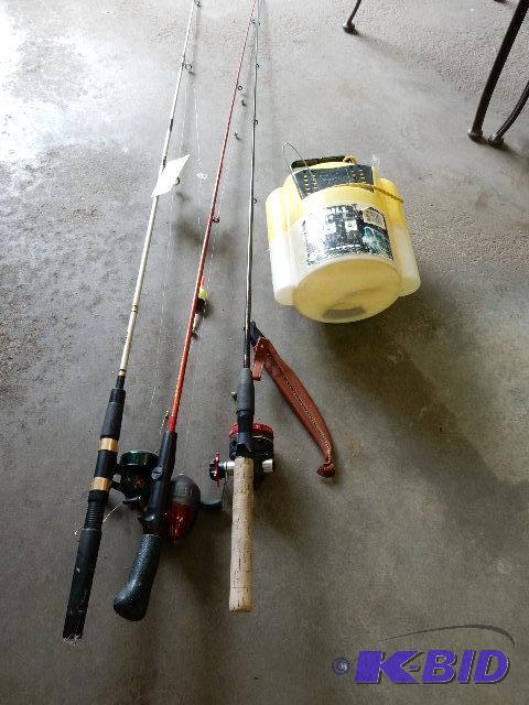 3 Fishing Rods, Knife, Minnow Bucket