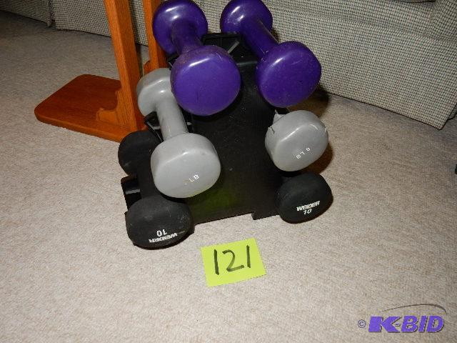 Set of hand weights and rack
