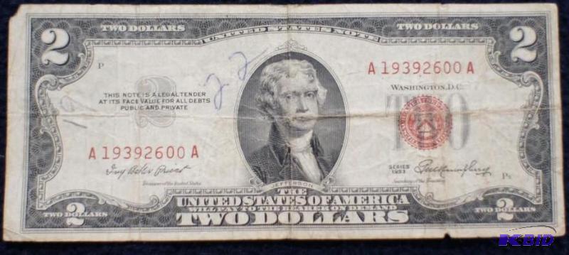 lot 7 image: Series &quot1953" Red Seal 2 dollar not...