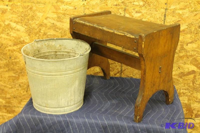 Metal Pail & Wooden Foot Stool