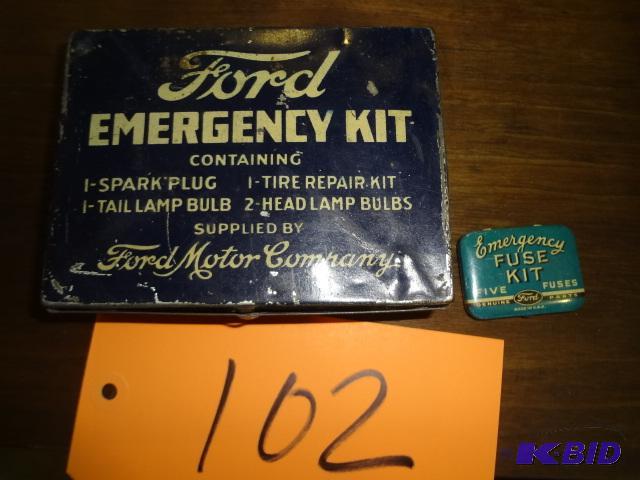 lot 102 image: Old Ford Tin Emergency Box and Tin Fuse Box...