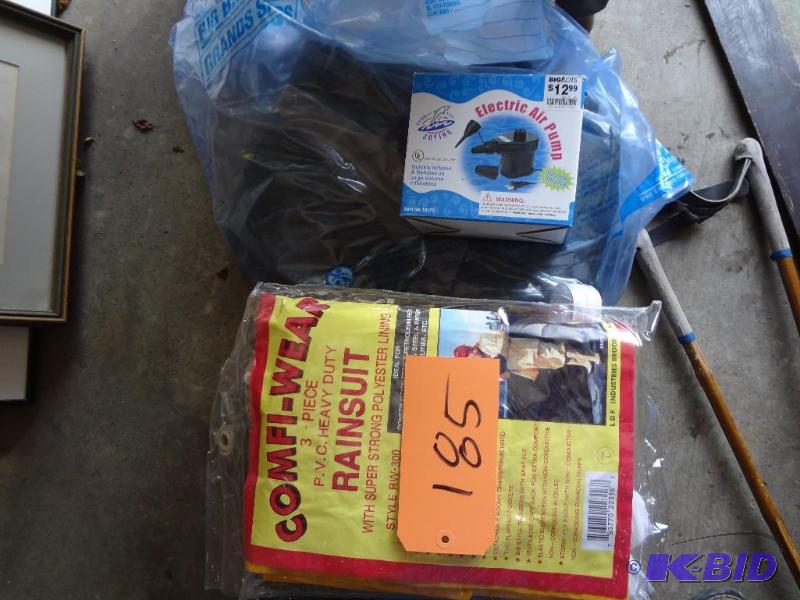 lot 185 image: (2) Air Beds, Pump, Rain Suit...