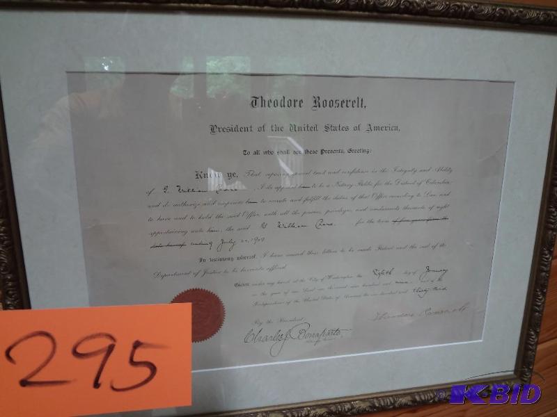 lot 295 image: Document from President Teddy Roosevelt, the ...