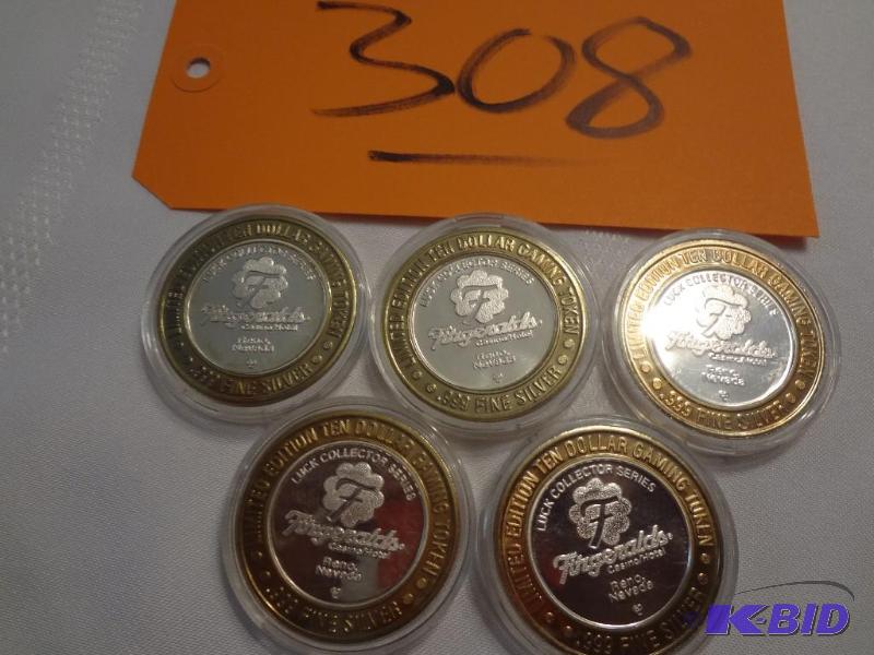 lot 308 image: (5) .999 Silver Collectable Gaming Tokens, Fi...