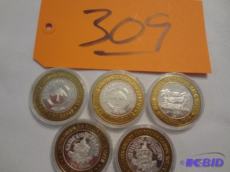 lot 309 image: (5) .999 Silver Collectable Gaming Tokens, Th...