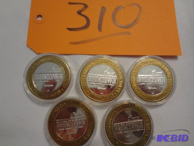 lot 310 image: (5) .999 Silver Collectable Gaming Tokens, Bo...