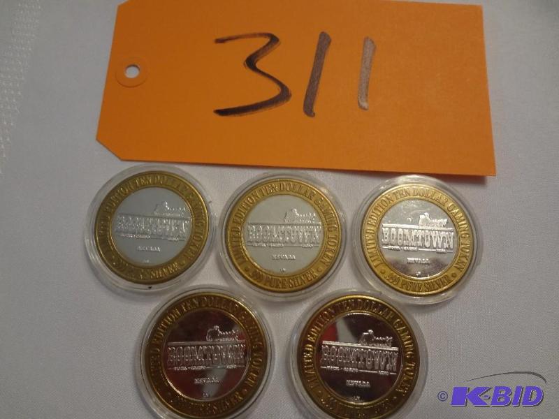 lot 311 image: (5) .999 Silver Collectable Gaming Tokens, Bo...