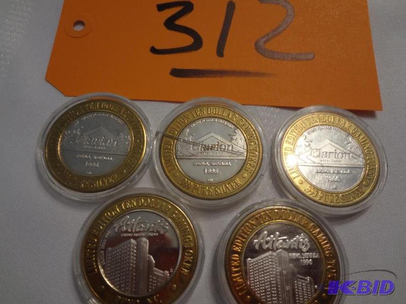 lot 312 image: (5) .999 Silver Collectable Gaming Tokens, Tw...