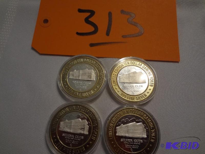 lot 313 image: (4) .999 Silver Collectable Gaming Tokens, Th...