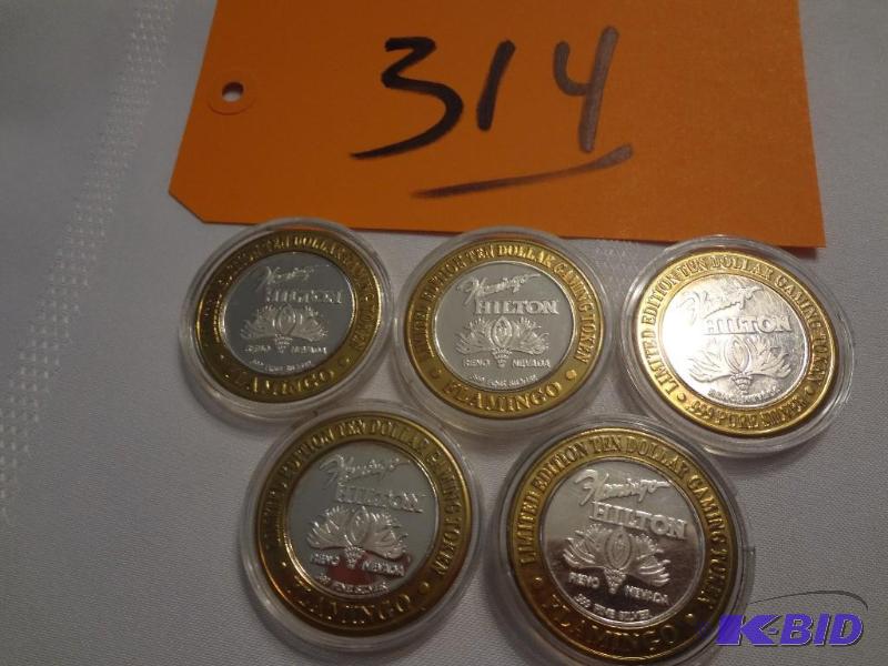 lot 314 image: (5) .999 Silver Collectable Gaming Tokens, Th...