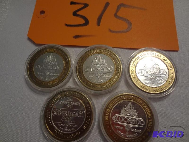 lot 315 image: (5) .999 Silver Collectable Gaming Tokens, Fo...