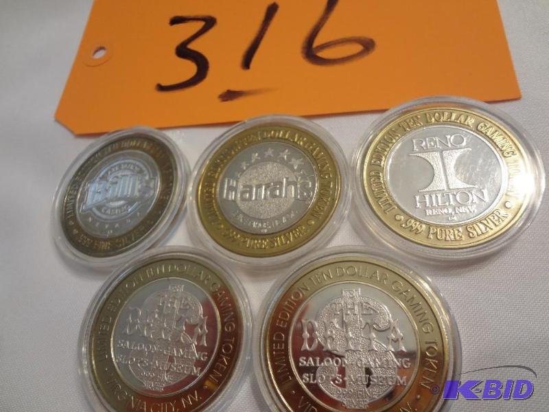 lot 316 image: (5) .999 Silver Collectable Gaming Tokens, On...