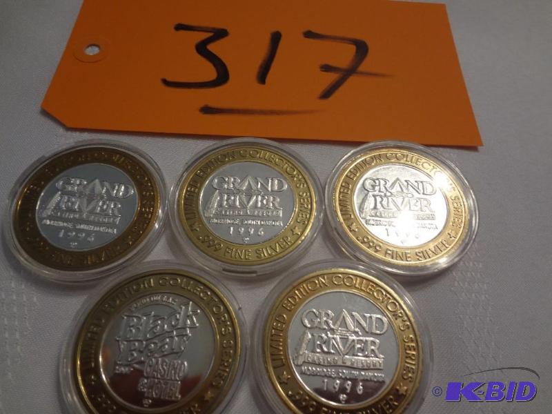 lot 317 image: (5) .999 Silver Collectable Gaming Tokens, Fo...