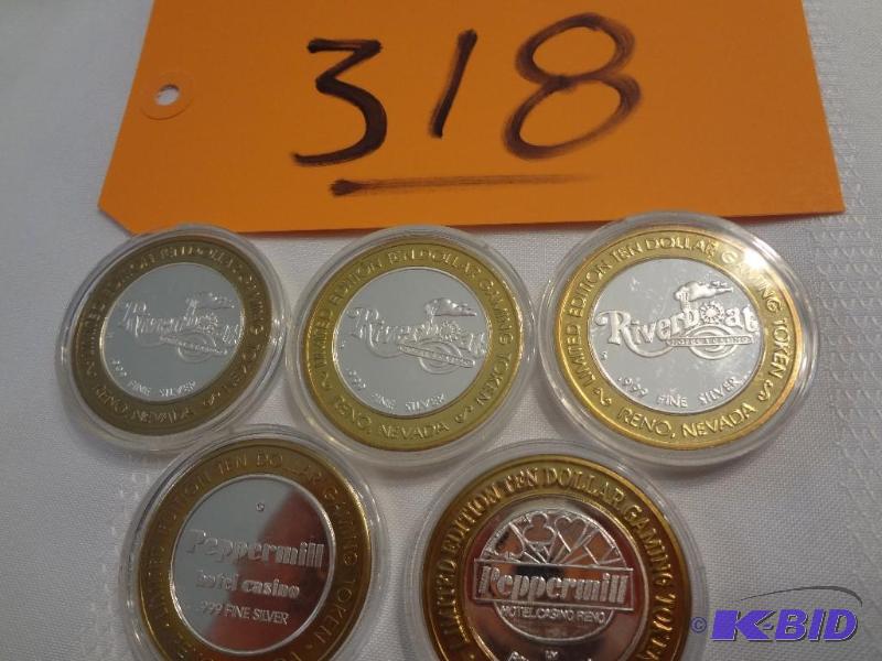 lot 318 image: (5) .999 Silver Collectable Gaming Tokens, Th...