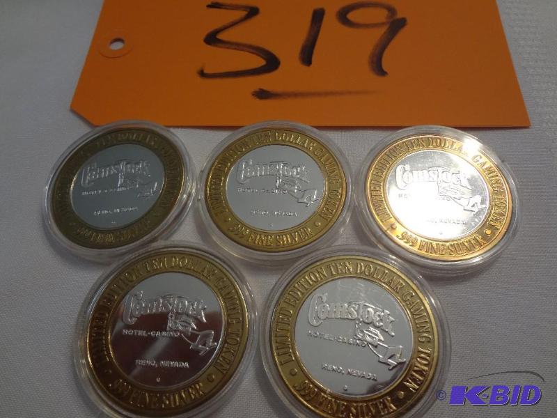 lot 319 image: (5) .999 Silver Collectable Gaming Tokens, Th...