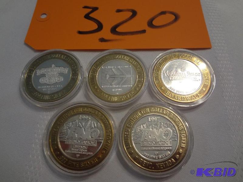 lot 320 image: (5) .999 Silver Collectable Gaming Tokens, Ho...