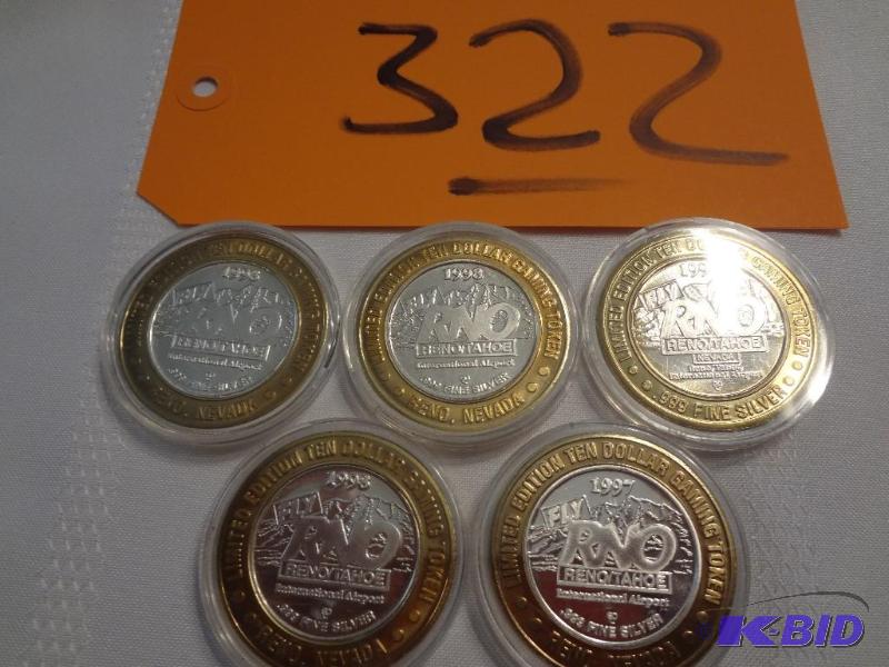 lot 322 image: (5) .999 Silver Collectable Gaming Tokens, Re...