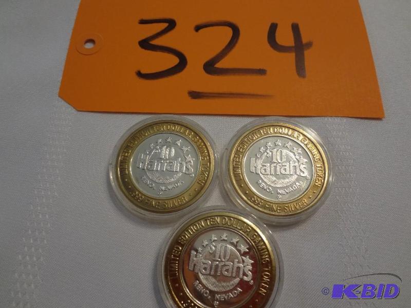 lot 324 image: (3) .999 Silver Collectable Gaming Tokens, Ha...