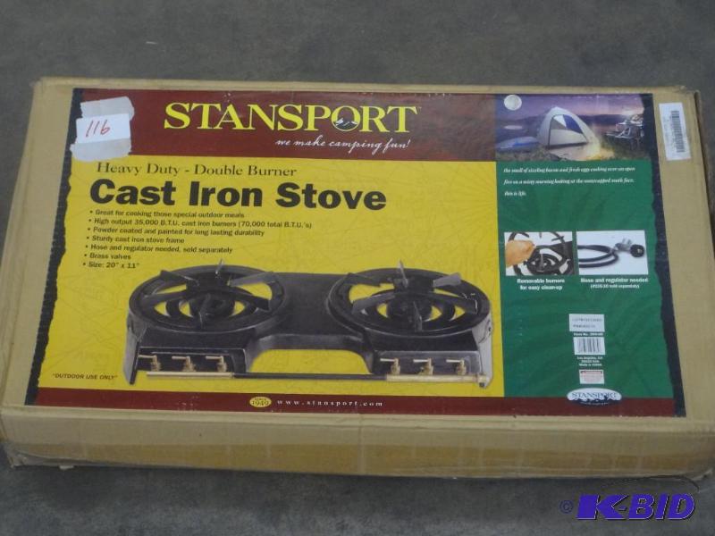 lot 116 image: Heavy Duty Double Burner Cast Iron Stove...