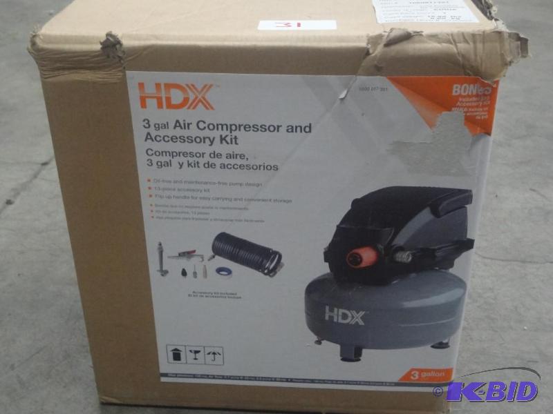 lot 31 image: HDX 3-Gallon Air Compressor With Accessory Ki...
