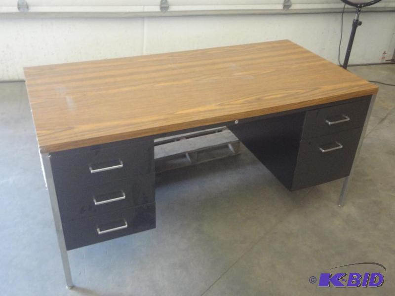 lot 68 image: Steel Framed Office Desk With Wood Top...