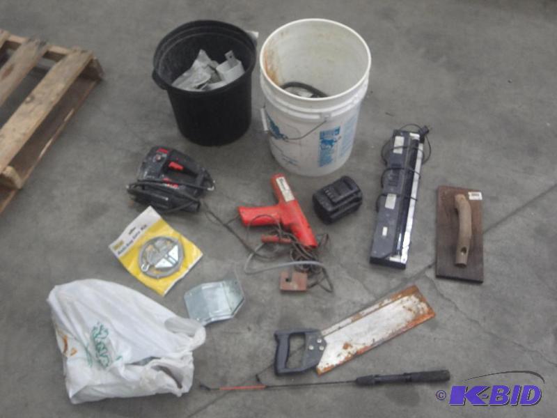 lot 79 image: (2) Buckets Of Misc Power Tools, Brackets, Hi...