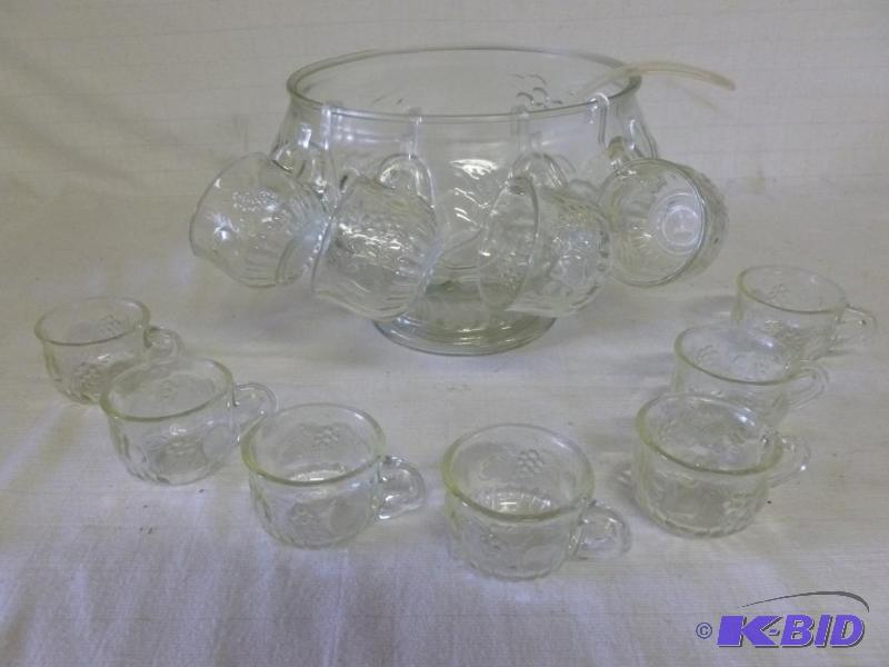 lot 193 image: Beautiful embossed glass punch bowl set, grea...