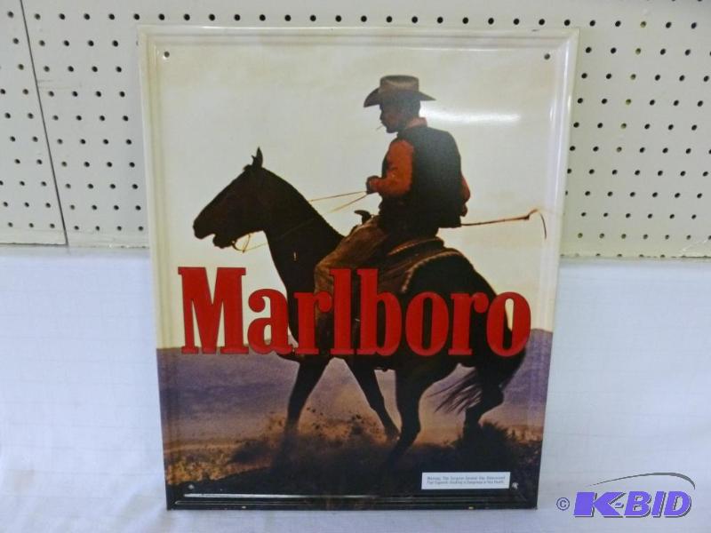lot 20 image: Marlboro embossed metal sign that measures 17...