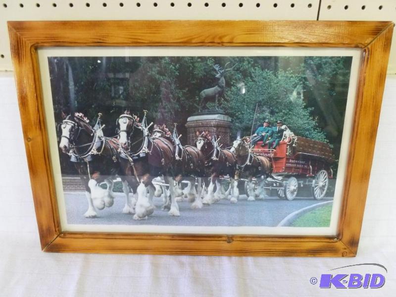 lot 24 image: Budweiser wood framed picture that measures 1...