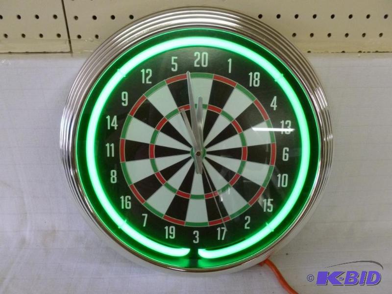 lot 29 image: Large heavy gage plastic dart board neon cloc...