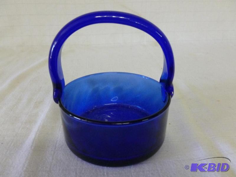 lot 71 image: Beautiful cobalt blue glass handled basket th...