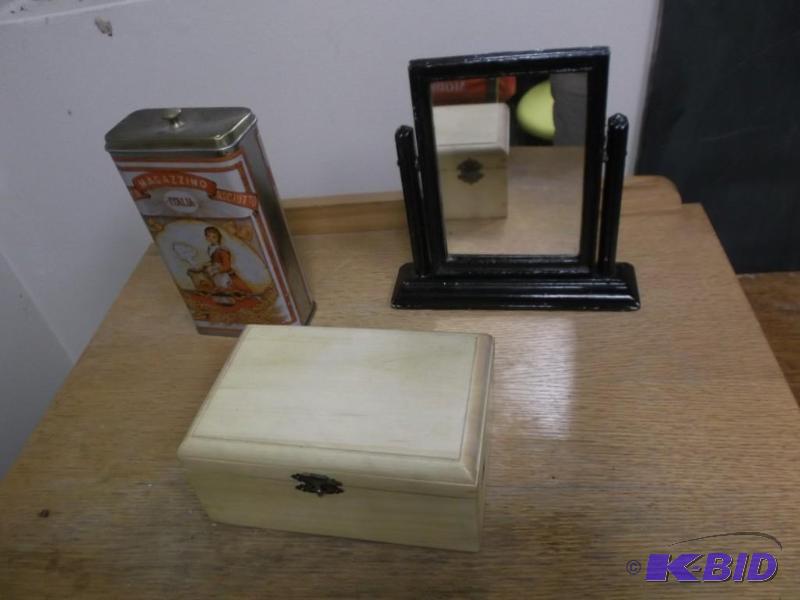 lot 121 image: Tin, Swinging Mirror, And Small Wood Box...