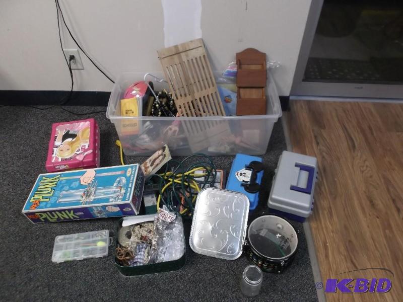 lot 136 image: Bin Filled With Items, Tackle Boxes, Cords...